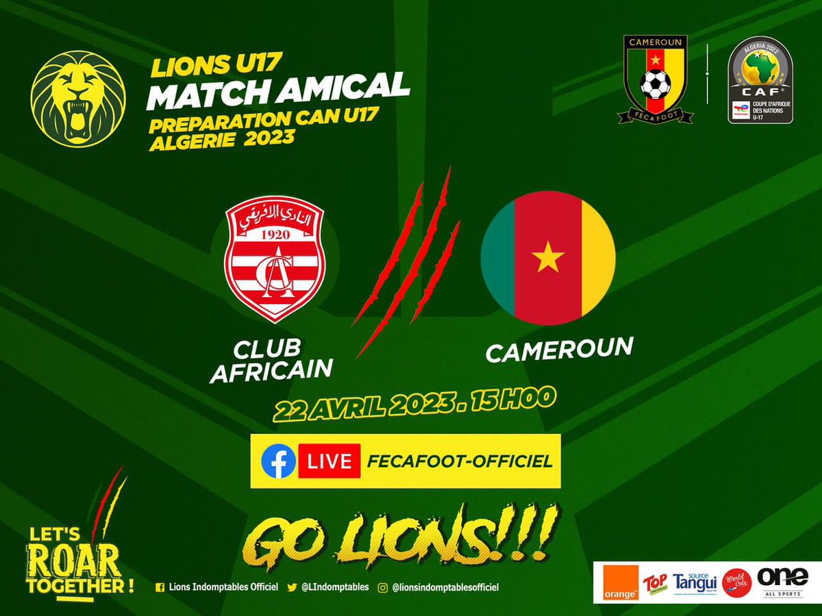 🚨🚨🚨#INSTANTS_CAN_U17🔥🔥🔥 MATCH DE PRÉPARATION

 <a href="/clubafricain/">Club Africain</a> 🆚  🇨🇲 #CamerounU17 

📆 22/04/2023
⏰ 15H00
🏟️ Stade Zouiten de Tunis 

#U17TOTALENERGIESAFCON2023 |  #GOLIONES  | #LETSROARTOGETHER | #INDOMPTABLES | #LIONSU17