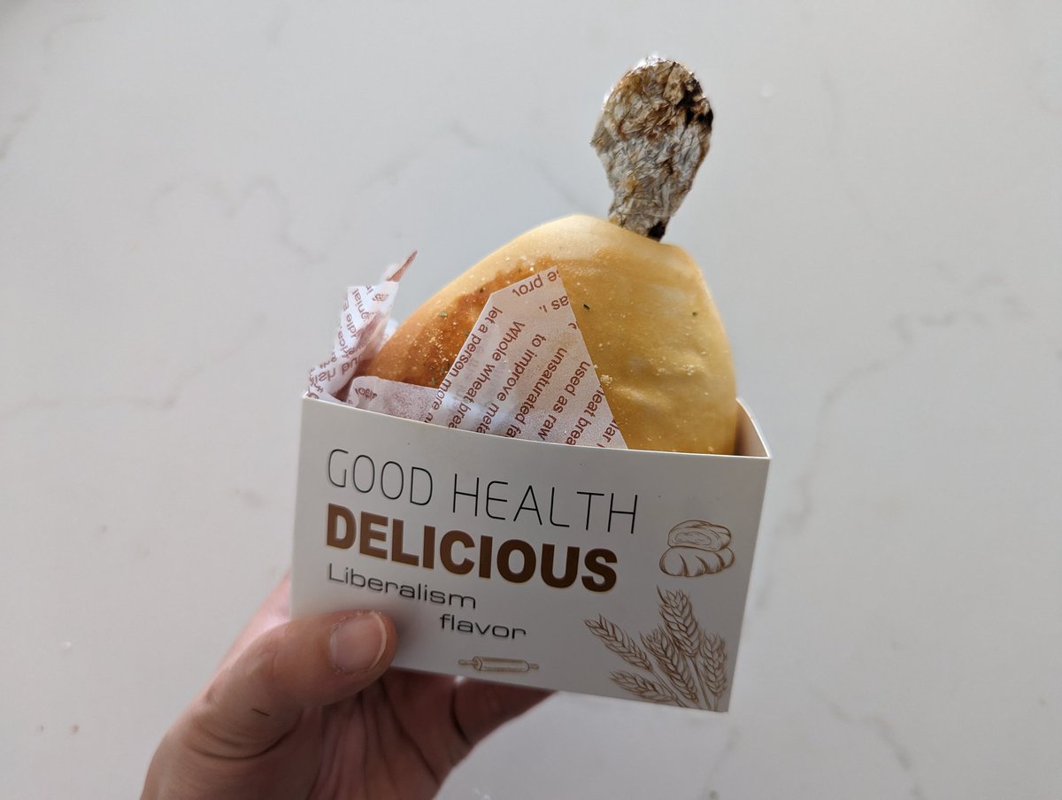 lovesthefeed's tweet photo. I found some Liberalism Flavor today! Chicken drumstick in a bun XD https://t.co/EiDY34DFSZ