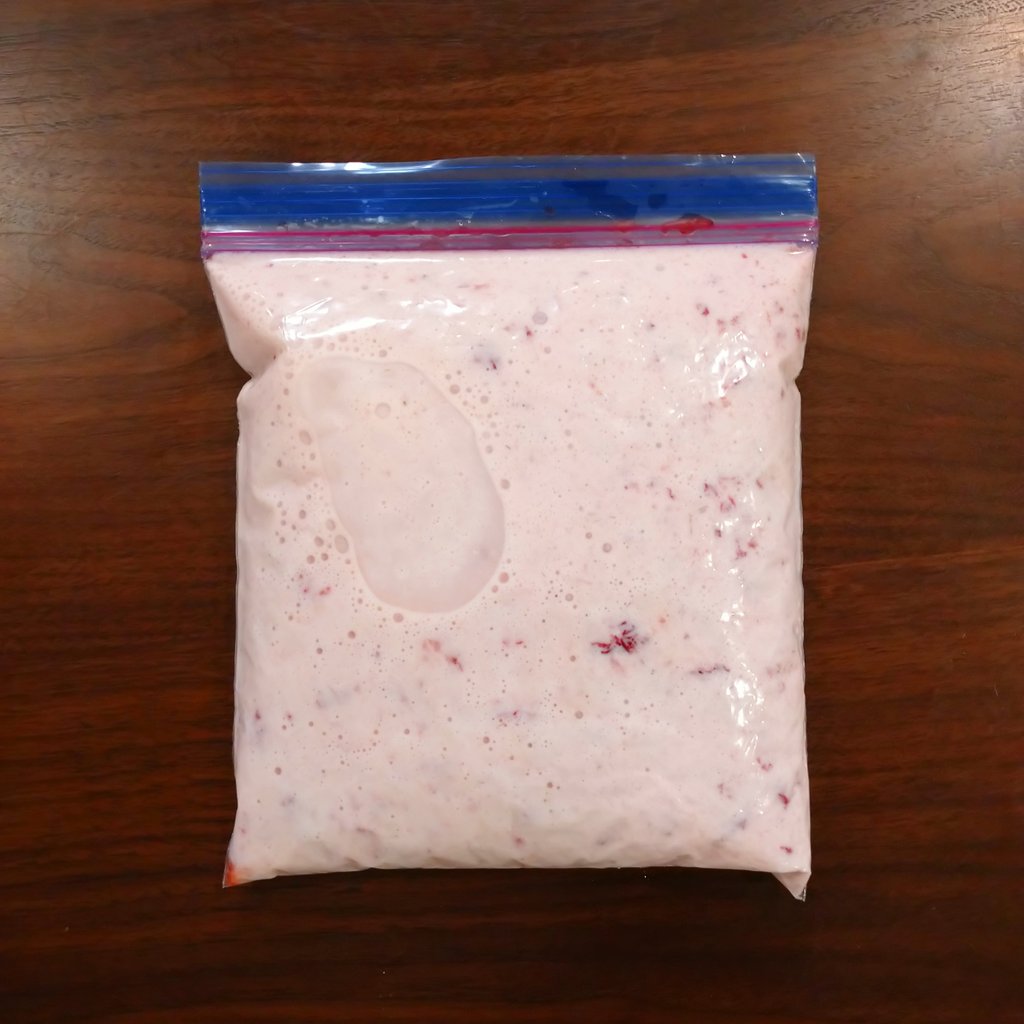 お買い得いちごをジップロックの中でつぶして、ヨーグルトと蜂蜜を投入。このまま冷凍庫へ。ｸﾎ