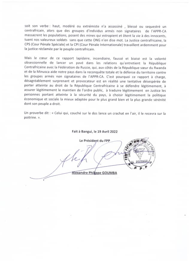 mosseavo's tweet photo. #Centrafrique 

Déclaration du parti Front Patriotique pour le Progrès ( #FPP) relative au rapport de l'ONG #Human_Right_Watch visant les institutions républicaines et le parti Mouvement Coeurs Unis (#MCU) https://t.co/4wwrEZacSn