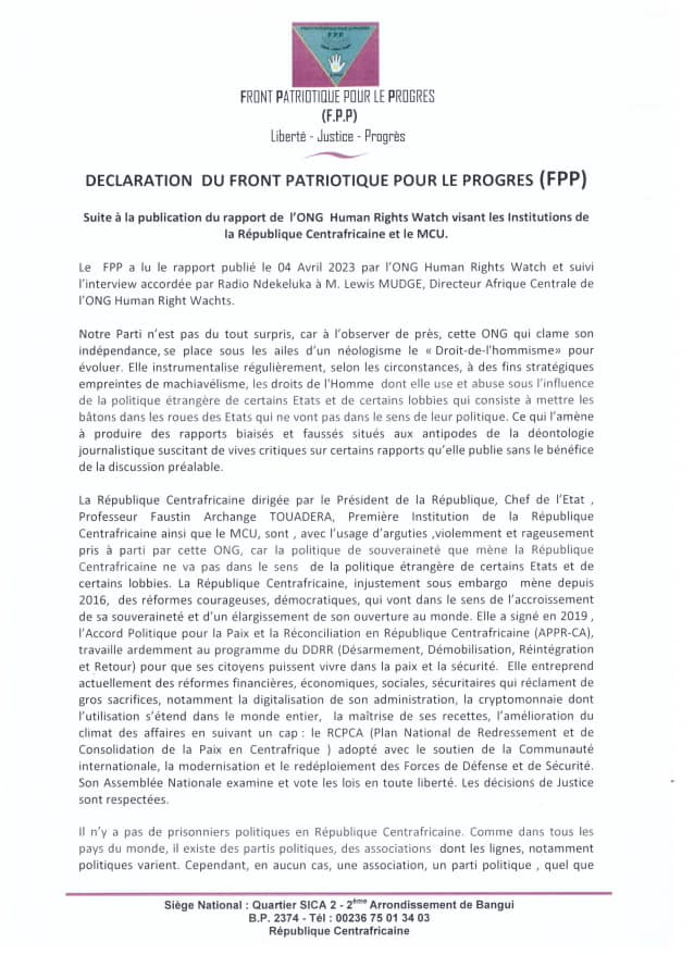 mosseavo's tweet photo. #Centrafrique 

Déclaration du parti Front Patriotique pour le Progrès ( #FPP) relative au rapport de l'ONG #Human_Right_Watch visant les institutions républicaines et le parti Mouvement Coeurs Unis (#MCU) https://t.co/4wwrEZacSn