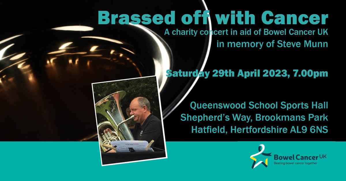 One week to go.... "Brassed off with Cancer" is both a memorial concert of massed brass bands for a dear friend, Steve Munn, but also a fundraiser for <a href="/bowelcanceruk/">Bowel Cancer UK</a>. Tickets on the door or at: BrassedoffwithCancer.eventbrite.com