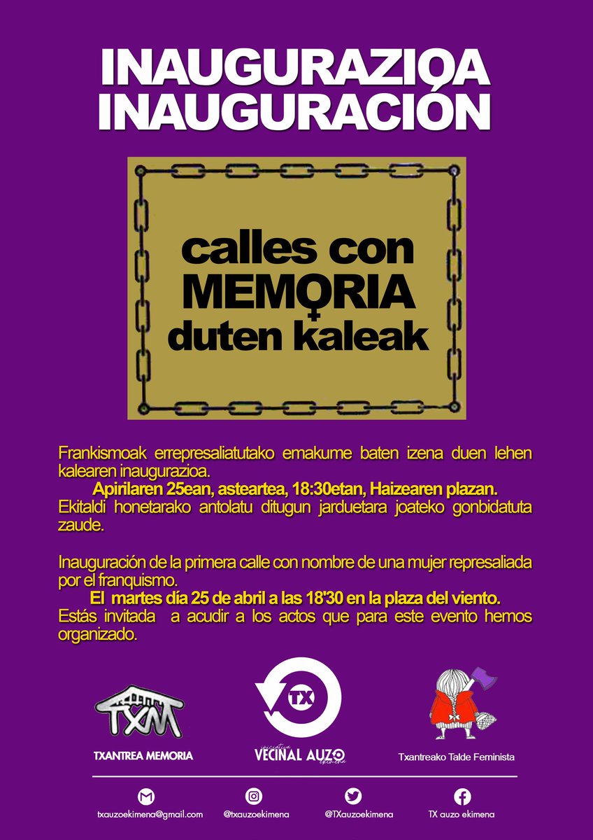 TXauzoekimena's tweet photo. INAUGURACIÓN POPULAR
Inauguración de la primera calle con nombre de una mujer represaliada por el franquismo
📆 Martes 25 Abril
⏰ 18:30
📍 Plaza del viento
#CallesConMemoria
Txantrea memoria + Txantreako talde feminista + TX auzo ekimena
@TxAuzolan
@AhotsaInfo https://t.co/EgeEGRpzo1