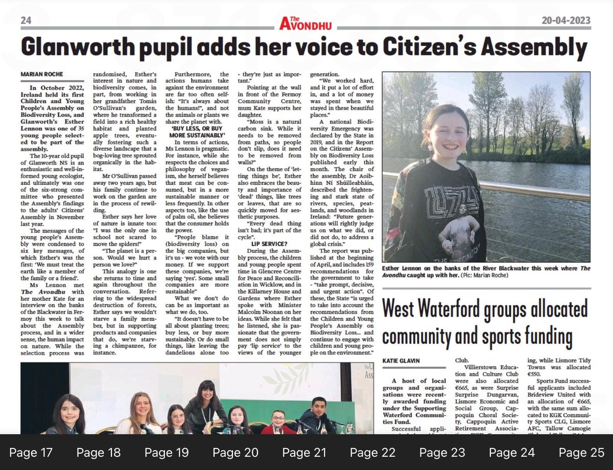 kateosullivan's tweet photo. Today @cypbiodiversity shares their final report on Ireland’s first Children and Young People’s Assembly on #BiodiversityLoss. Here's one assembly member getting the message out in North Cork in this week's edition of @TheAvondhu #EarthDay #ItsOurFuture https://t.co/wyceW2FQ3i https://t.co/pIP5uBqfpP