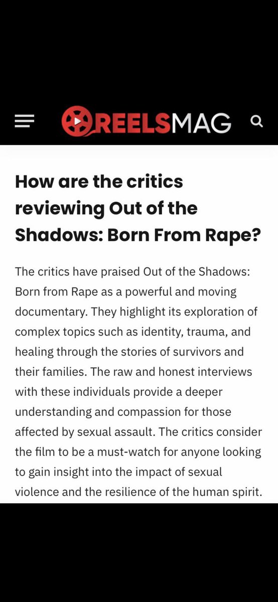 Great to see the reviews for the documentary are positive. 

I honestly can’t thank everyone enough for all the positive feedback. 

Amazing, thank you so much! 

#OutOfTheShadows #BornFromRape 

reelsmag.com/tv-shows/watch…