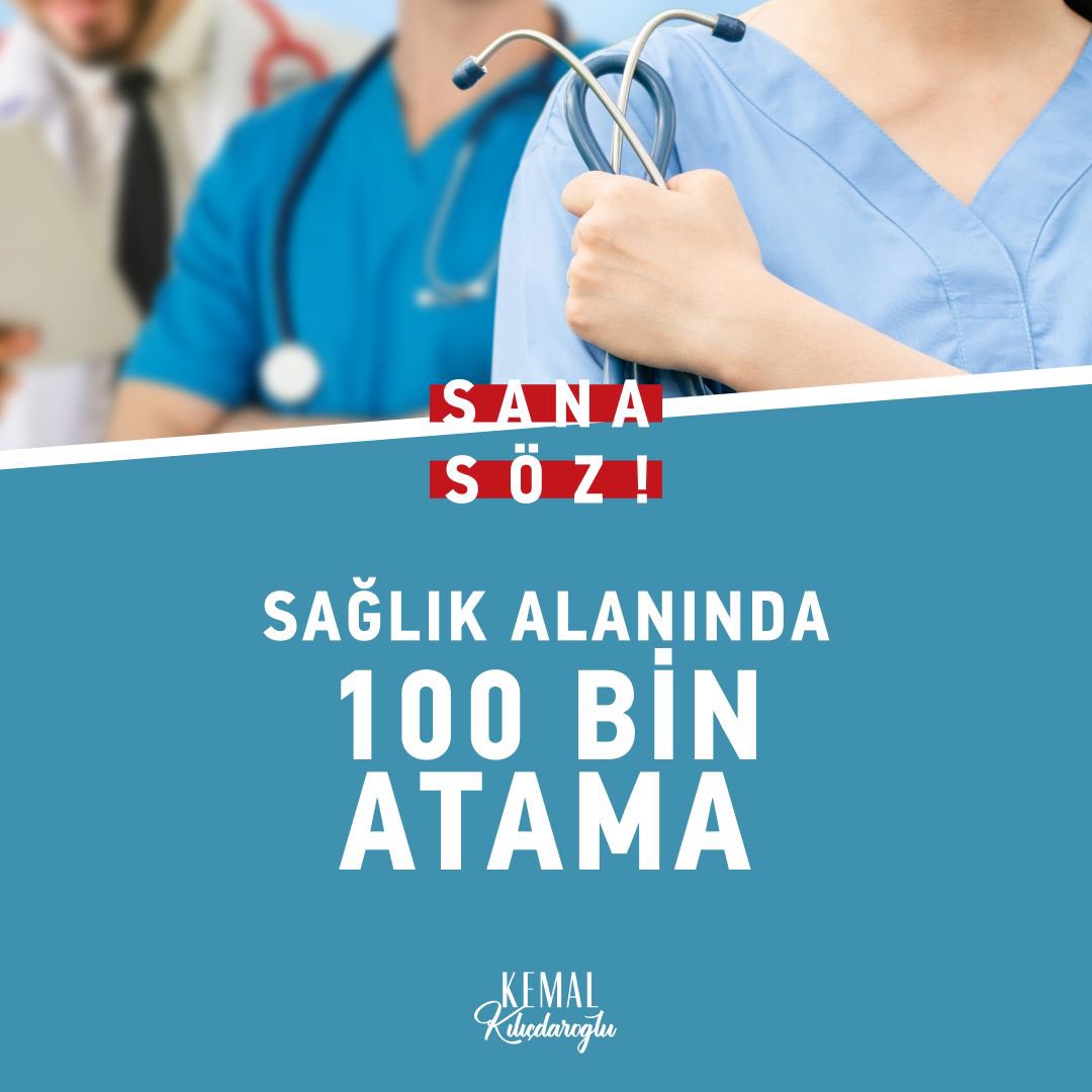 Türkiye, alınamayan randevuların, geciken teşhislerin, sıra bekleyen ameliyatların, çektirilemeyen röntgen ve MR’ların ülkesi haline geldi. Sağlık alanında yapılacak 100 bin atama ile uzun doktor kuyrukları son bulacak, kapanan hastaneler yeniden açılacak. #SanaSöz