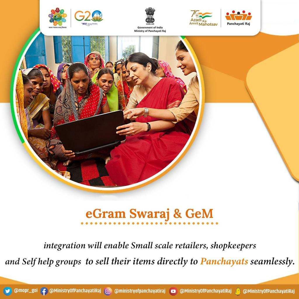 #eGramSwaraj & #GeM integration will enable small scale retailers, shopkeepers and self help groups to sell their items directly to Panchayats seamlessly.

#NPRD2023 #DigitalPanchayat #DigitalProcurement #DigitalIndia