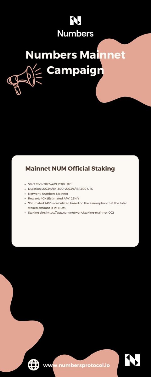 ChristianDior31's tweet photo. 4/4
• #MainnetNUM Official #staking
- Start from 2023/4/19 13:00 UTC
- Duration: 2023/4/19 13:00~2023/6/18 13:00 UTC
- Network: Numbers Mainnet
- Reward: 40K (Estimated APY: 25%*)
*Estimated APY is calculated based on the assumption that the total staked amount is 1M $NUM. https://t.co/QtO2PAvOXb