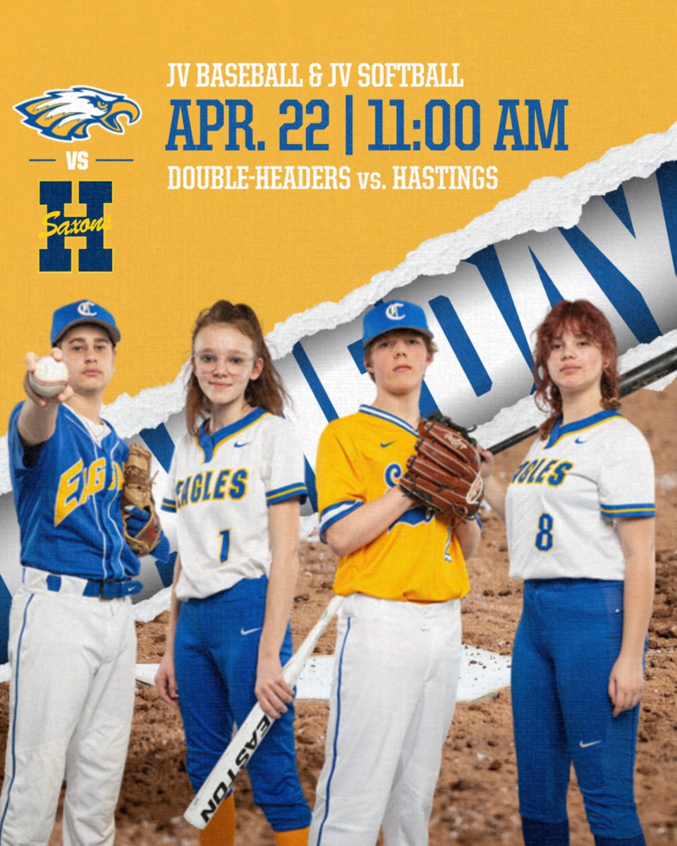 CCC_Eagles's tweet photo. JV BASEBALL &amp; SOFTBALL
Double-Header vs. Hastings
Today - April 22nd - 11:00am
CC-C Baseball &amp; Softball Fields https://t.co/AtTLDFKOog