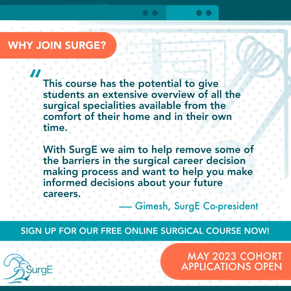 SurgeCourse's tweet photo. Let’s see why Gimesh and  Matt recommend joining SurgE!
———
May 2023 cohort applications are now open till 25th April. Sign up for our free virtual surgical course now!
———
#surgecourse https://t.co/D8kkwz0wAq