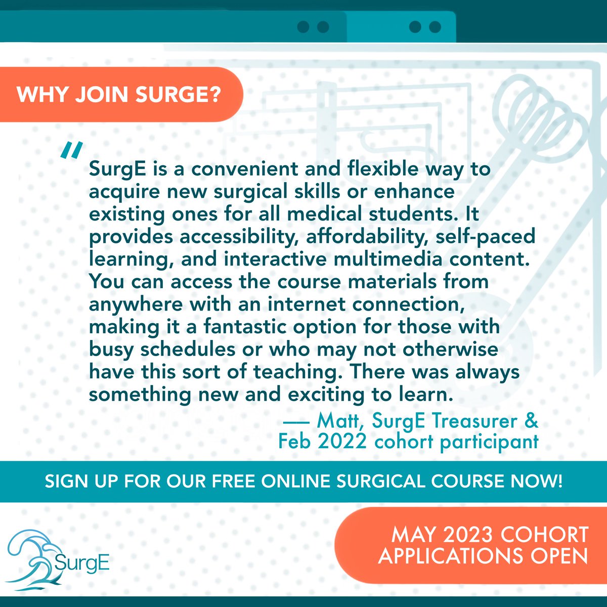 SurgeCourse's tweet photo. Let’s see why Gimesh and  Matt recommend joining SurgE!
———
May 2023 cohort applications are now open till 25th April. Sign up for our free virtual surgical course now!
———
#surgecourse https://t.co/D8kkwz0wAq