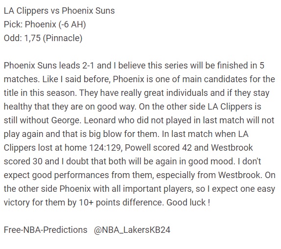 LA Clippers vs Phoenix Suns
Pick: Phoenix (-6 AH)
Odd: 1,75 (Pinnacle)