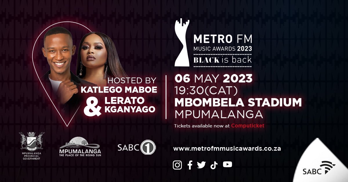 Excited for the #METROFM Music Awards 2023? 🎤🎶 Get ready for a night of music and celebration with the incredible @LeratoKganyago & @KatlegoMaboe as your hosts! 🎉🎵 Don't forget, you can get your tickets now on @Computicket ow.ly/9wFY50NCrIV 💻🎟️