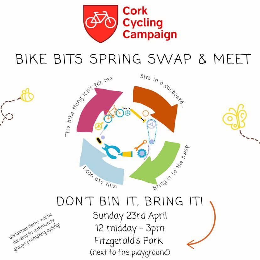 Our #SpringSwap for bike items is taking place tomorrow at Fitzgerald’s Park. Bring along any items which no longer serve you or drop by and pick up something you need! A #ZeroWaste initiative, with all unclaimed items going to community groups. #AndACyclist #Cork