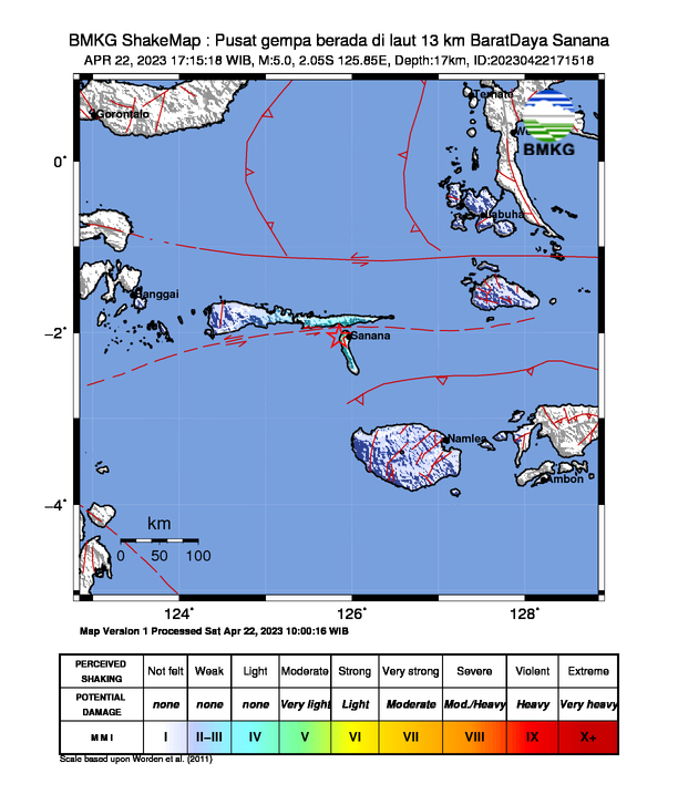 #Gempa (UPDATE) Mag:5.0, 22-Apr-23 17:15:18 WIB, Lok:2.05 LS, 125.85 BT (Pusat gempa berada di laut 13 km BaratDaya Sanana), Kedlmn:17 Km Dirasakan (MMI) III Sanana #BMKG
