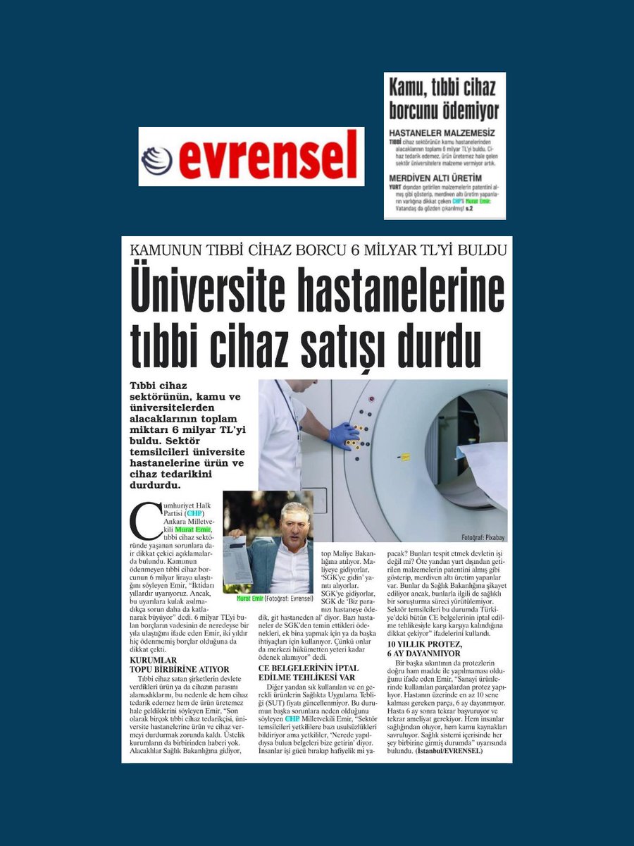 Kamunun tıbbi cihaz borcu 6 milyar TL’yi buldu, ödenemiyor.

📌 Üniversite hastanelerine ürün ve cihaz temini durdu
📌 10 yıllık protez, 6 ay dayanmıyor
📌 CE belgeleri iptal edilebilir

AKP, hem vatandaşı hem de üreticiyi gözden çıkarmış!

#SanaSöz, bozulan sistemi düzelteceğiz.