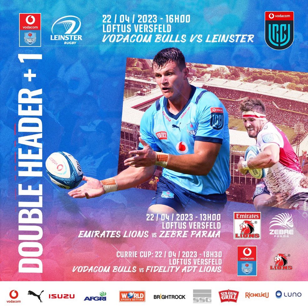 3 rugby games and live entertainment, with tickets starting at R25.

🦁13:00 Emirates Lions vs Zebre 
🐮16:00 Vodacom Bulls vs Leinster
🏆18:30 Vodacom Bulls vs Fidelity ADT  Lions 

Great value for fans - well done <a href="/BlueBullsRugby/">Official Blue Bulls</a> 👏
