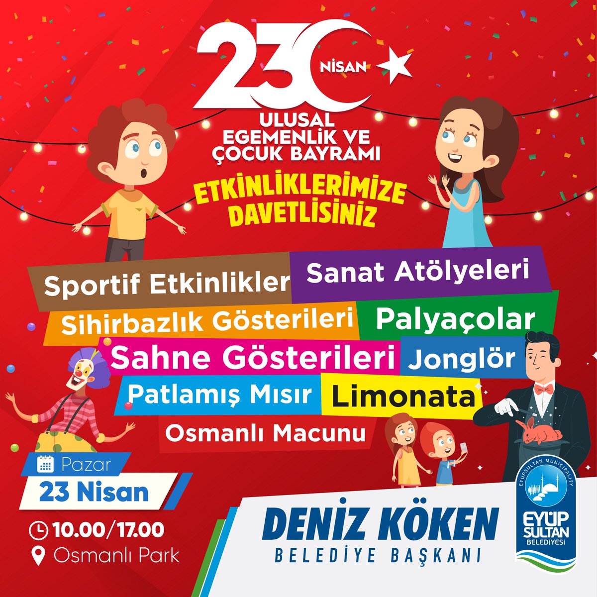 23 Nisan’da neşe dolacak Eyüpsultan 🇹🇷🎉 Sportif etkinlikler, sanat atölyeleri, sahne gösterileri, patlamış mısır, limonata ve çoook daha fazlası... 

Şenliğimize tüm çocuklarımızı bekliyoruz.