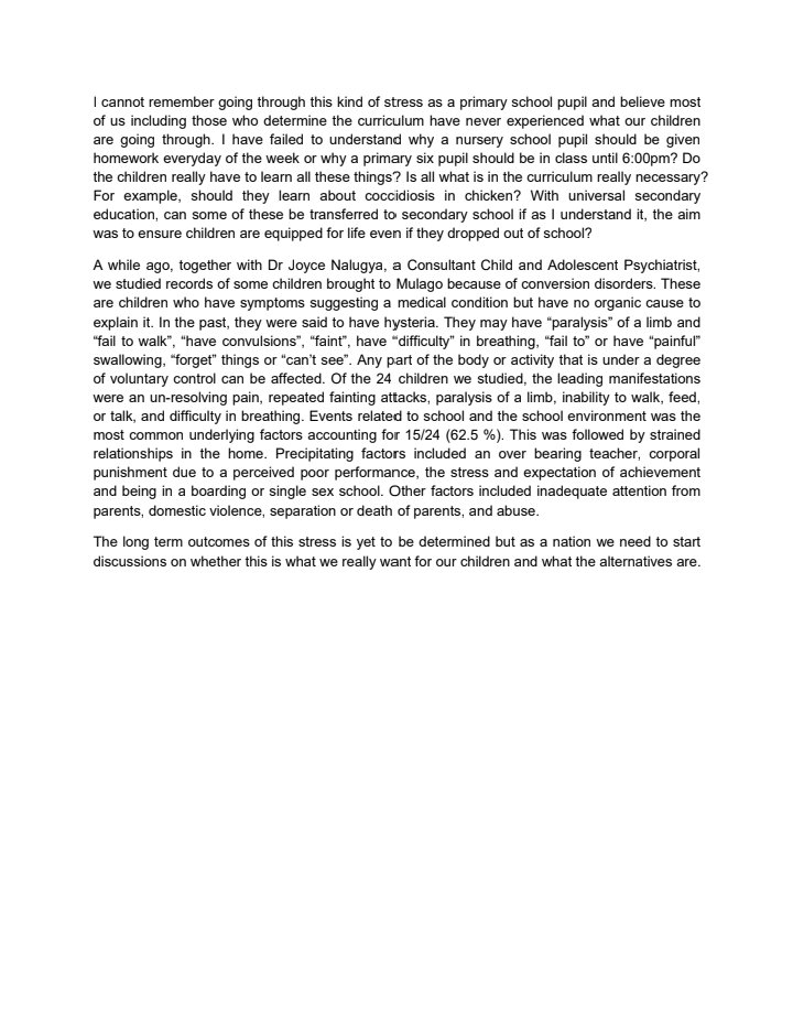 I wrote this 10 yrs ago. The problem has now ballooned; so many children of middle income parents in high end schools coming to hospital with conversion disorders. Pressure to achieve is so high, children hardly sleep, dont play, are so stressed & are falling apart. Lets wake up.