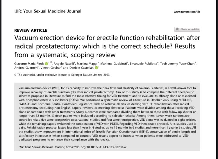 Giacomo Pirola (@giacomopirola) on Twitter photo Vacuum Erection Device and its role for EF rehabilitation after radical prostatectomy- #SystematicReview
<a href="/D_Castellani/">Daniele Castellani</a> <a href="/Marilena_Gub/">Marilena Gubbiotti</a> <a href="/M_MaggiMD/">Martina Maggi</a> <a href="/DocGauhar/">DrG</a> <a href="/jteoh_hk/">Jeremy Teoh</a> Dr Angelo Naselli, Dr Emanuele Rubilotta, #andrologia <a href="/yoursexmedjour/">IJIR: Your Sexual Medicine Journal</a>
rdcu.be/daspW Vacuum Erection Device and its role for EF rehabilitation after radical prostatectomy- #SystematicReview
<a href="/D_Castellani/">Daniele Castellani</a> <a href="/Marilena_Gub/">Marilena Gubbiotti</a> <a href="/M_MaggiMD/">Martina Maggi</a> <a href="/DocGauhar/">DrG</a> <a href="/jteoh_hk/">Jeremy Teoh</a> Dr Angelo Naselli, Dr Emanuele Rubilotta, #andrologia <a href="/yoursexmedjour/">IJIR: Your Sexual Medicine Journal</a>
rdcu.be/daspW