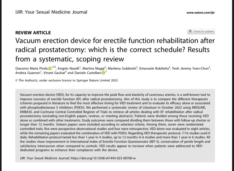 Vacuum Erection Device and its role for EF rehabilitation after radical prostatectomy- #SystematicReview @D_Castellani @Marilena_Gub @M_MaggiMD @DocGauhar @jteoh_hk Dr Angelo Naselli, Dr Emanuele Rubilotta, #andrologia @yoursexmedjour rdcu.be/daspW