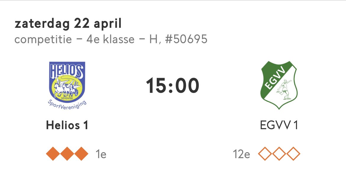 heliosdeventer1's tweet photo. 🚨MATCHDAY! 

🆚 @EGVV_Gelselaar 
🗓 22 april 2023
🕒 15.00u
🏆 4e klasse H 
📍 Deventer 
🏟 Sportpark Colmschate-Zuid  
📲 @deventervoetbal 

🏆🎉 Met na de wedstrijd groots kampioensfeest! 🎉

#SvHelios #wittebroekenblauwetrui💙 https://t.co/5Y99kPldII