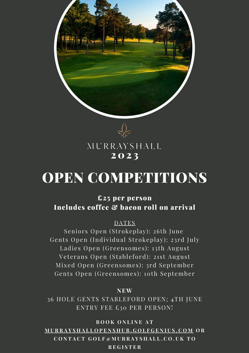 ⛳️We have 7 Opens on our Murrayshall Course throughout the year with over £1500 in the prize fund*.

Hurry! Visit our Hub for more details and to book your place. murrayshallopenshub.golfgenius.com

*based on 100 entries