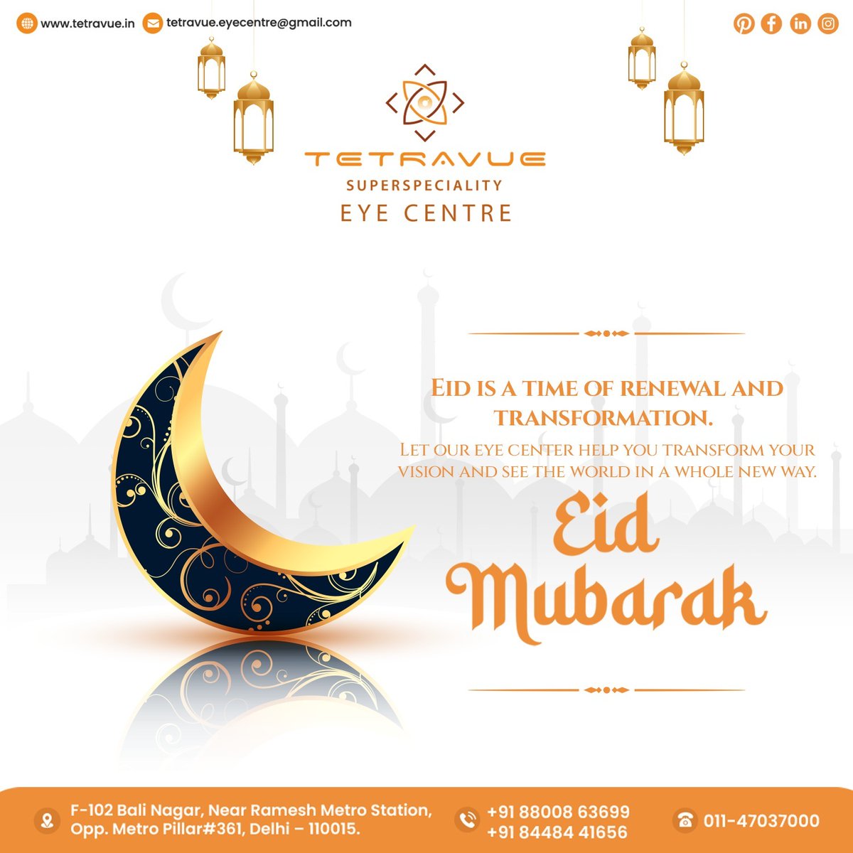 Eid is a time to cherish with loved ones and create beautiful memories. 
Eid Mubarak🌙
#tetravueeyecentre #eidmubarak #eid #celebration #drnehagoel #drmukeshtaneja #eidindelhi #eid2023 #happyeid #love #eyecentre #delhi #india #eidtime #ramadan #ramadanmubarak #allah #eyesafety
