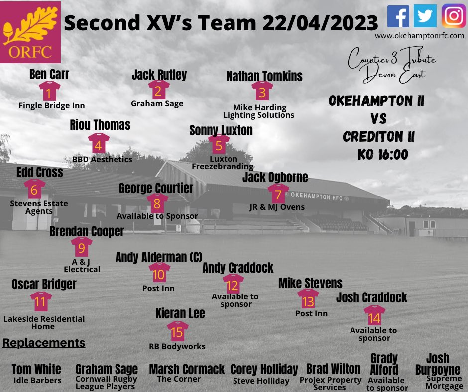 OkehamptonRFC's tweet photo. π - @CreditonRFC Vs @OkehamptonRFC
π - April 22nd 2023
π - 1600
π - @DevonRFU 2nd XV Shield Final
π - Blagdon, Exhibition Rd, Crediton EX171BY
/// - crisp.charcoal.triathlon
π² - @OkehamptonRFC Courtesy of @robbiebarks
@swsportsnews
#devonrugby #devonderby #devoncup https://t.co/WD3CYerVyg