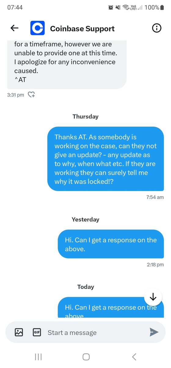 scourfip's tweet photo. @CoinbaseSupport Still blocked and now my complaint ticket is also being ignored! Still no answers!!! Not the best customer service!! https://t.co/YrSqvoqKlA