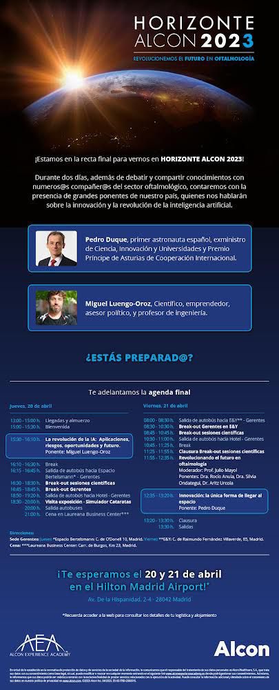 OftalmologiaRYC's tweet photo. El Dr López Vázquez de la sección de Retina participó en la reunión Horizonte Alcon 2023 celebrado los días 20 y 21 de abril en el que se debatió sobre la innovación y la revolución en la IA. 
#oftalmologia #InteligenciaArtificial  #hryc https://t.co/jOwabRcyx4