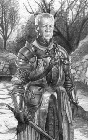 Sir Ian McKellan! 

 I even had this art of him as an old knight, because I hear his voice reading every line of dialogue I write!