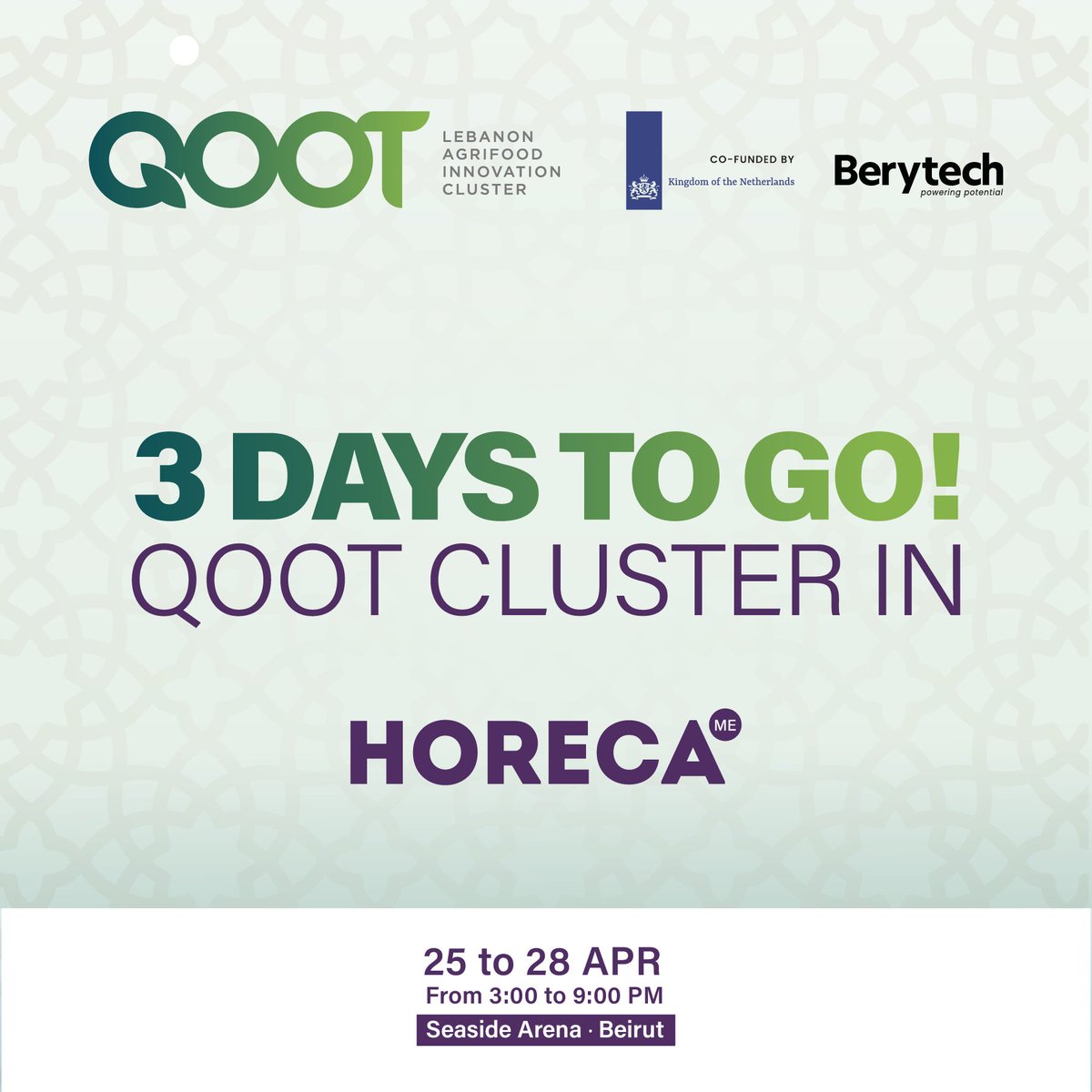 QOOT will be part of #HORECALebanon 2023 hosting 10 exhibiting members showcasing their products & more than 90 Lebanese producers and manufacturers of its members.
Book your calendars and join us April 25 – 28 from 3 to 9 pm at the Seaside Arena, Beirut.
qoot.org/qoot-cluster-s…