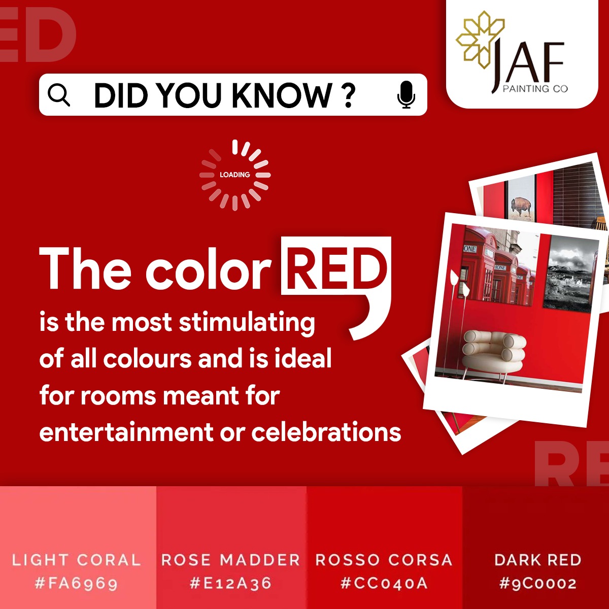 JAFpaintingco's tweet photo. Did you know?  The color Red is the most stimulating of all colors and is perfect for entertainment or celebration rooms. 

Contact Us Now

Mobile Number:  +971 567682369

E-Mail: sales@jaf.ae

#JAF #JAFPaintings #decorpaintingcompanyindubai   #colourfacts #didyouknow https://t.co/ShKBWu9I5p