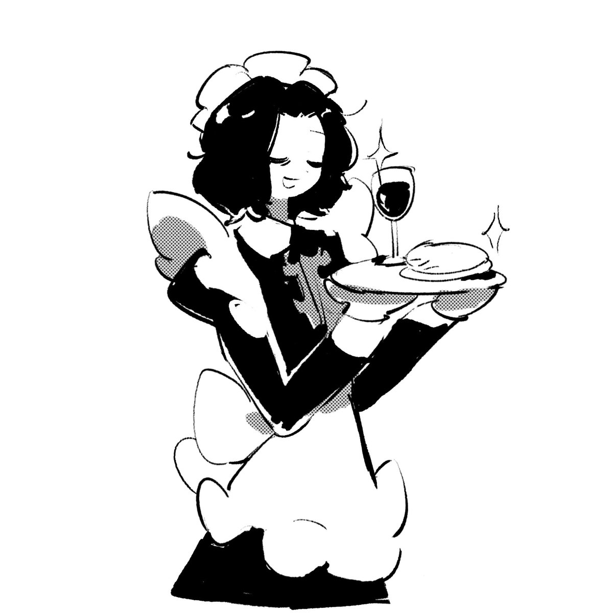 greyscale monochrome 1girl solo maid plate closed eyes  illustration images