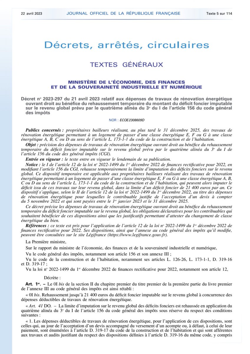 JORF 
Décret du 21 avril 2023 / Dépenses de travaux de #rénovationénergétique ouvrant droit au bénéfice du rehaussement temporaire du montant du #déficitfoncier imputable sur le revenu global  legifrance.gouv.fr/jorf/id/JORFTE…