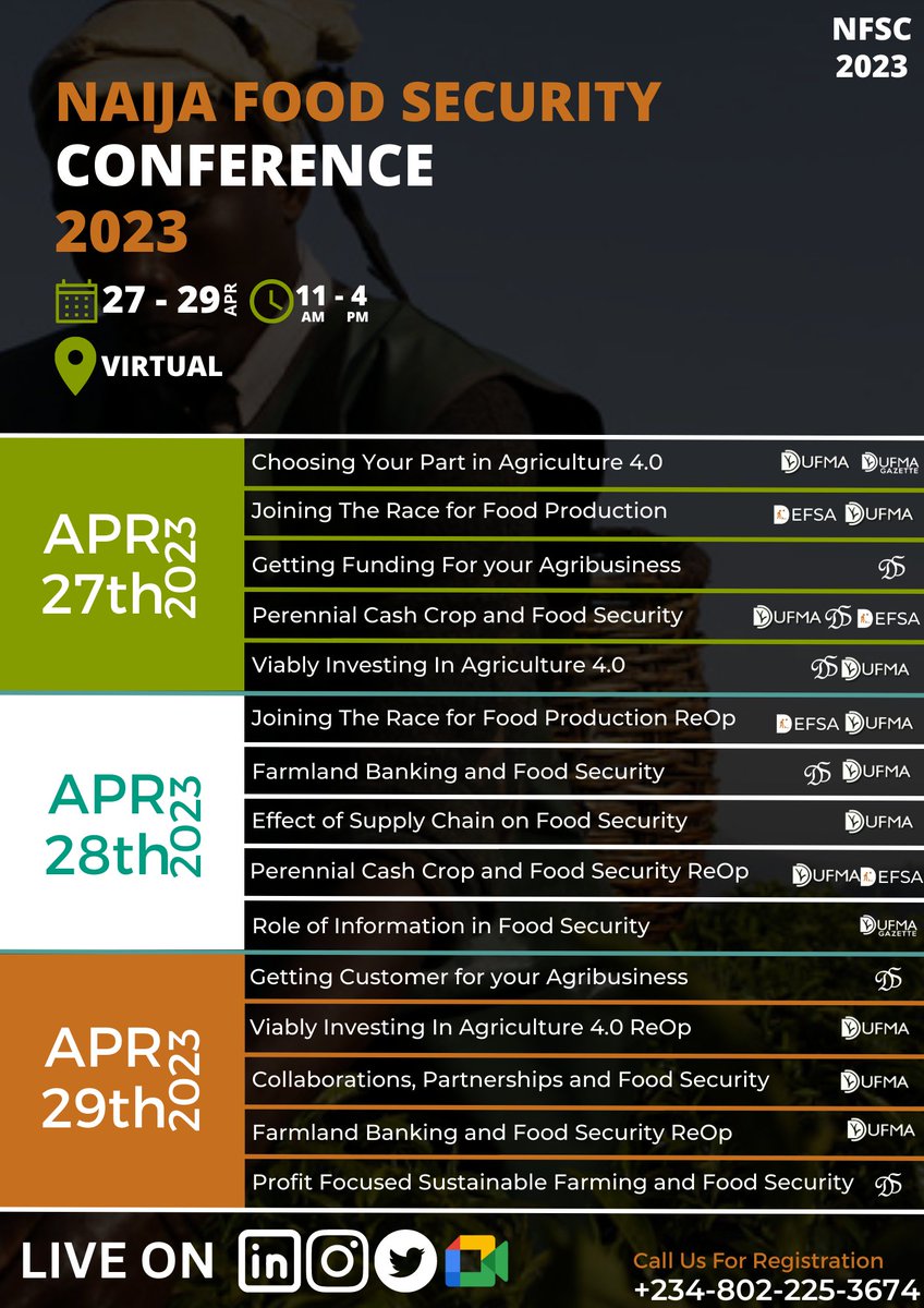 adeniyishoremi's tweet photo. Naija Food Security Conference, 2023.
Plan to attend and tick your schedule to be part of it.
Don't miss any session, click here to register https://t.co/xD1n2ekjum
#nfsc2023 #nfsc #food #security #farm #agriculture https://t.co/469p5nBSKz
