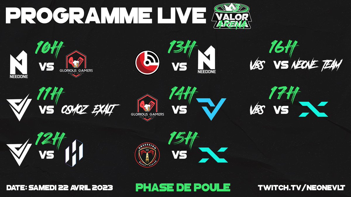 Ce week-end notre équipe Call Of Duty se deplace à Sarrebourg pour représenter une nouvelle fois la <a href="/VilleArras/">Ville d'Arras</a> en LAN.

🏆Organisé par <a href="/NeoneCorp/">Neone Corporation</a>
🏠 <a href="/GloriousG_bar/">Glorious Gamers</a>
📍Sarrebourg

👥
<a href="/FrelonNRV/">Frelon</a> (manager) 
<a href="/Mazekator/">🏴‍☠️</a>
<a href="/Tekzaaa/">Lukas • Tekzouuu •</a>
<a href="/LoowKyy/">LWK</a>
<a href="/TyzoCOD/">Marwanito</a>

🎥 twitch.tv/NeoneVLT
Début 10h