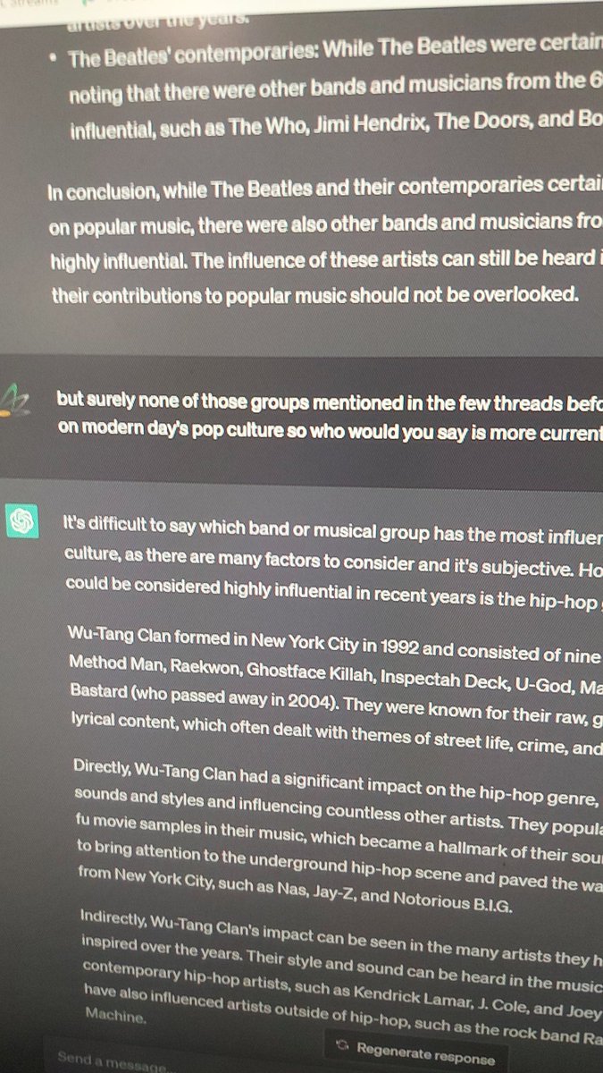 Atom_James's tweet photo. I had a great research / "debate" with #ChatGPT tonight about who some of the most influential musicians/groups of all time have been. After going way back with the Beatles on top, Rolling Stones, Elvis, Beach Boys, and Chuck Berry I asked for someone with current influence.... https://t.co/B8qaBwFAWd