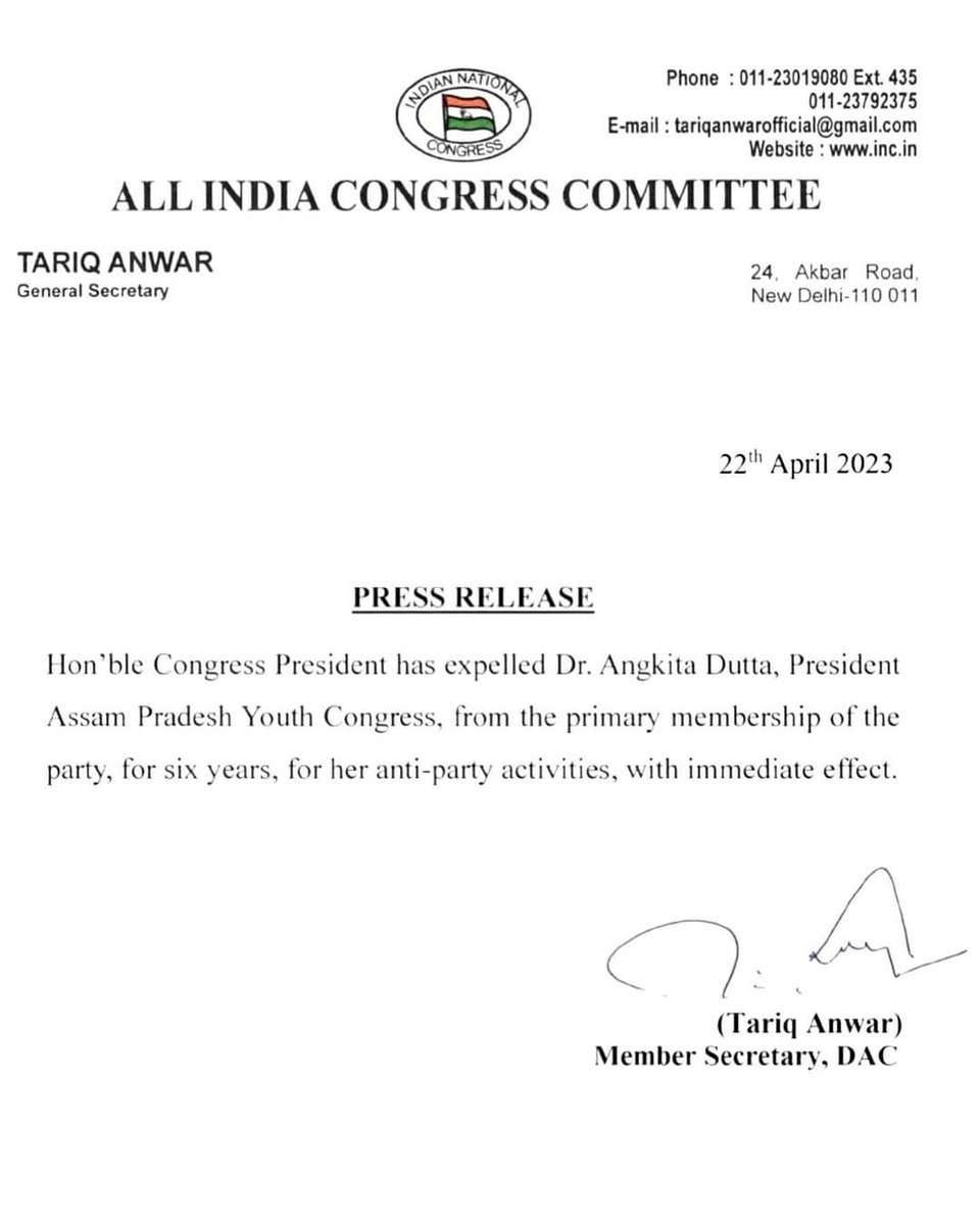NNongpok's tweet photo. If you are a women and get harassed in the Congress party..you better #shhhh otherwise you get expelled ! 
#drangkitadutta Assam Youth Congress President gets expelled from Congress for raising her voice against harassment.
Congress Model of Women Empowerment. Simply Disgusted ! https://t.co/yGj6SGGEjX
