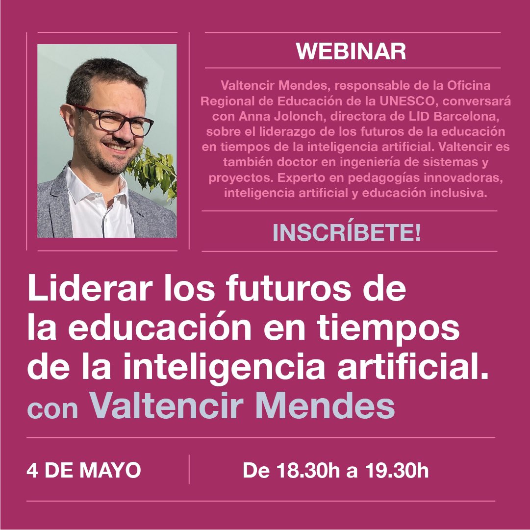 LID Barcelona - Centre de Lideratge Educatiu (@lid_barcelona) on Twitter photo 📢📢 Apunten en las agendas! 📆 4 de Mayo Conversaremos con <a href="/ValMMendes/">Val Mendes</a> des de la <a href="/UNESCOSantiago/">UNESCO Santiago</a> con su gran humanidad y experteza sobre los grandes desafíos del liderazgo educativo en la era digital Webinar Inscripciones ⬇️⬇️
lidbarcelona.com/recursos/ 📢📢 Apunten en las agendas! 📆 4 de Mayo Conversaremos con <a href="/ValMMendes/">Val Mendes</a> des de la <a href="/UNESCOSantiago/">UNESCO Santiago</a> con su gran humanidad y experteza sobre los grandes desafíos del liderazgo educativo en la era digital Webinar Inscripciones ⬇️⬇️
lidbarcelona.com/recursos/