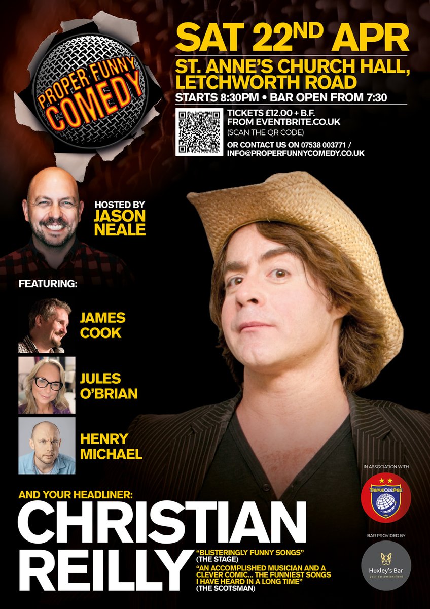 ProperFunny's tweet photo. Join us tonight (22nd) St Anne's in Western Park (Leicester) featuring Christian Reilly, @jamesecook, @HenryMichael89, @obrianjules and @jaynealecomedy (MC) with local booze from @HuxleysbarUk Tickets in advance or pay on the door https://t.co/RnMX6fk20z