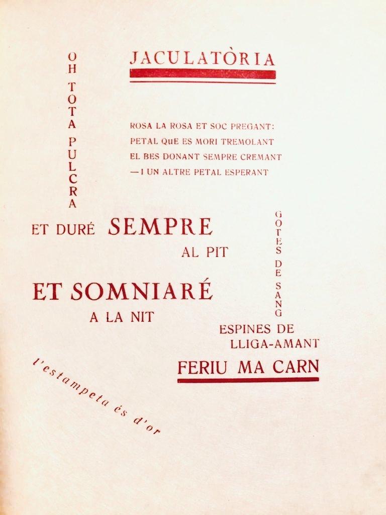 IllaTresor's tweet photo. L’aparador de St Jordi d’enguany està dedicat al poemari de Joan Salvat-Papasseit, publicat al 1923:
“El poema de la rosa als llavis” considerat com l'expressió més pura de la poètica salvatiana, i el més eròtic de la tradició catalana. 

Cartell del cal·ligrama «Jaculatòria». https://t.co/3vo5elkk7a