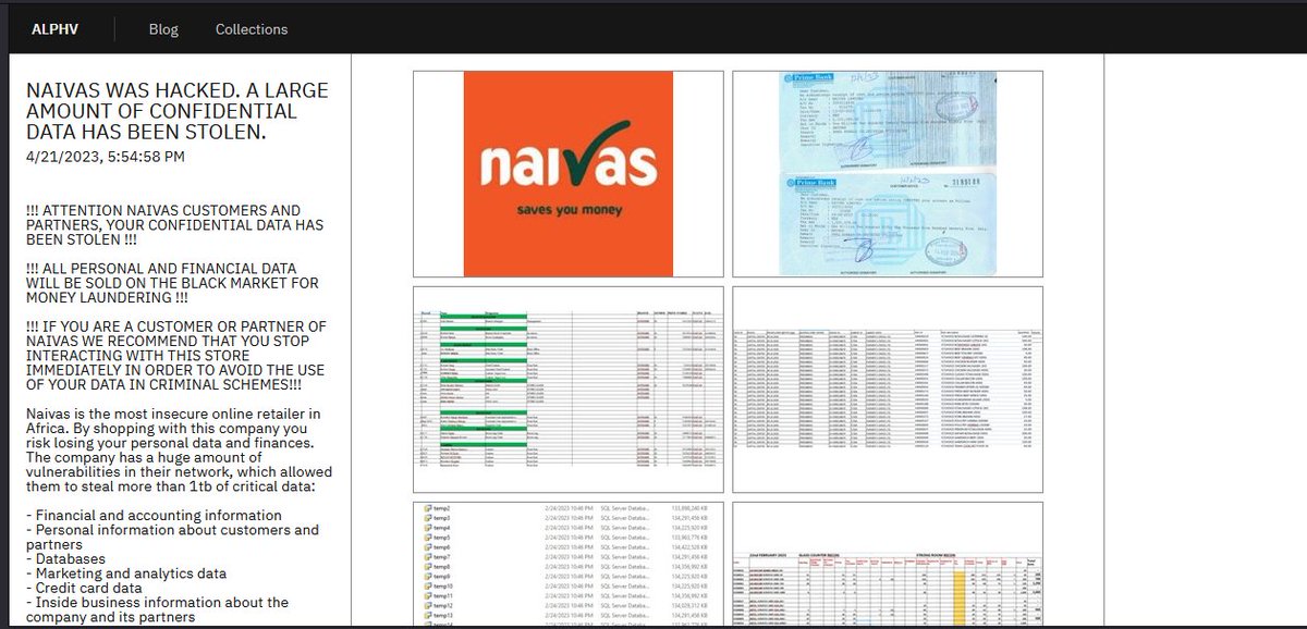Sith_Lord___'s tweet photo. Maguys🤗Naivas wamenyuria🤣

Naivas has appeared on ALPHV/BlackCAT dark web leak site. Be4 we start..

1. @Known_Mike found this first
2. No data published yet but kuna samples of PoC
3. Data spans from 2021 - Financials, customers  &amp; partners pesonal info, credit cards ...etc https://t.co/5t11cHOH3x