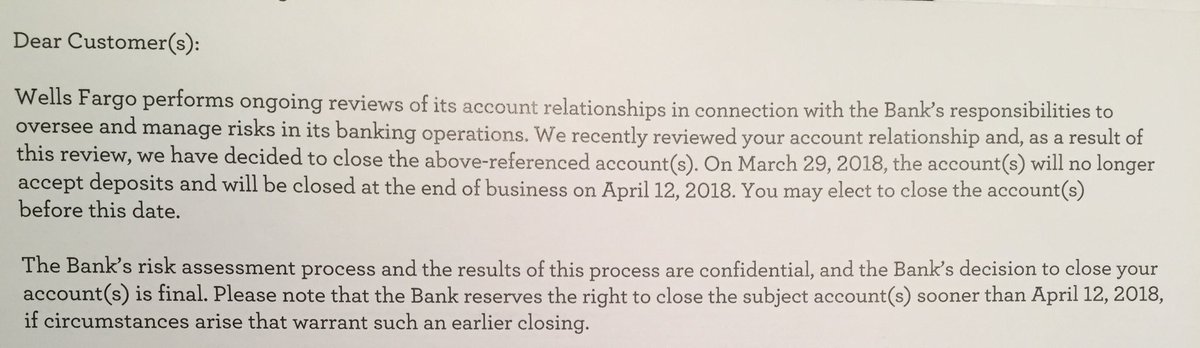 tiffanyblu's tweet photo. I banked @WellsFargo from 1990 to 2018 when they sent this and refused explanation.  I came across this pic just now &amp; was reminded so decided to share.  At the time, they had my chkg, sav, mortgage, credit card and auto.  I’d keep my $ in a sock before WFB now.  #worstbankever https://t.co/M83tzZnn4T