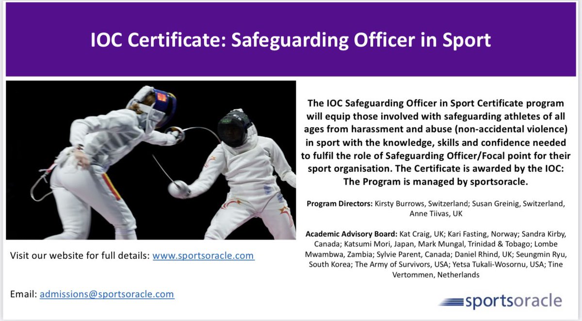 IOC Certificate: Safeguarding Officer in Sport. Applications open for the September 2023 intake. Deadline 31 July. sportsoracle.com/course/ioc-cer… #ioccertificate #safeguarding #safeguardingofficer #onlinelearning #distancelearning