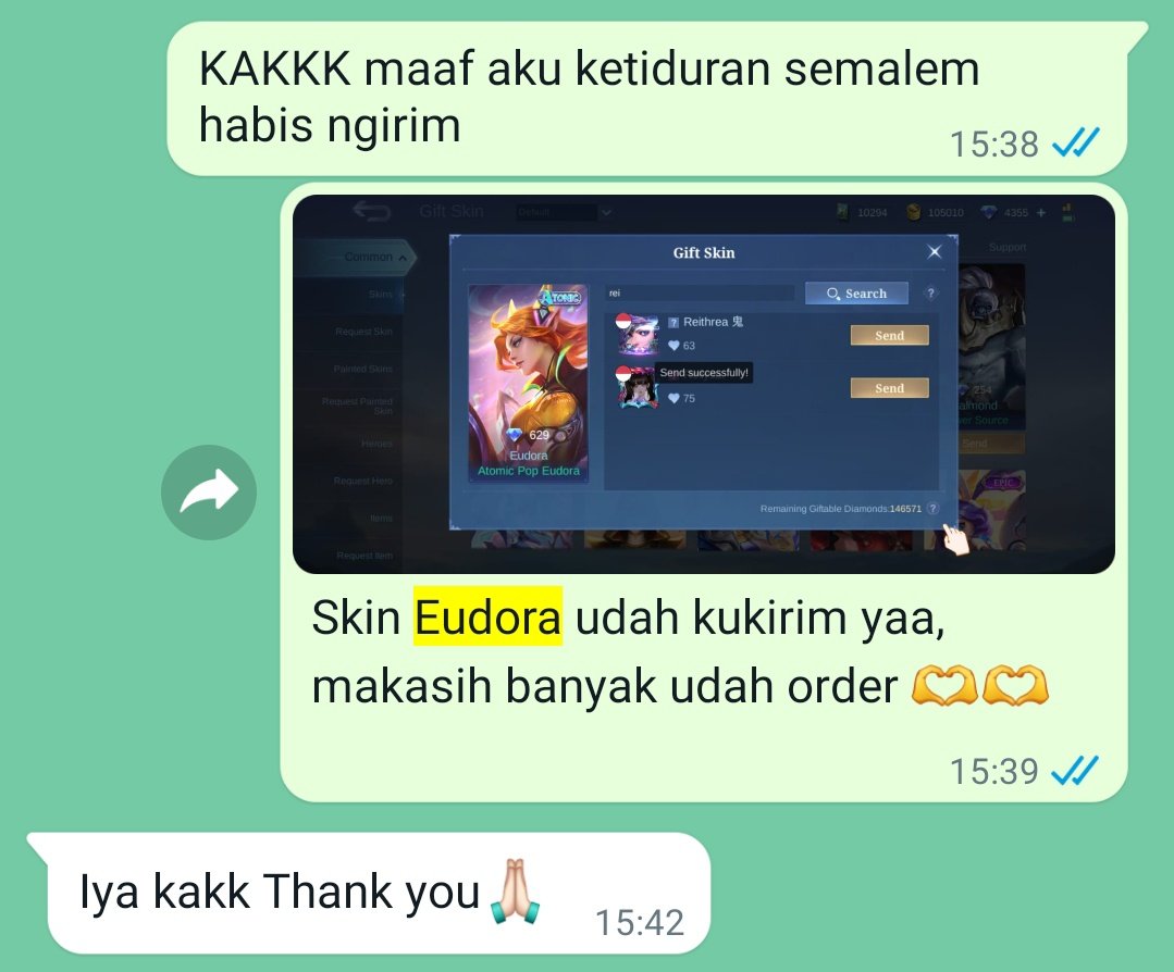 kolektorstore's tweet photo. Yuk yang mau order gift skin. Eudora Miya masih avail sampai ±1 bulan lagi 🫶 https://t.co/bXvGpkl9fZ