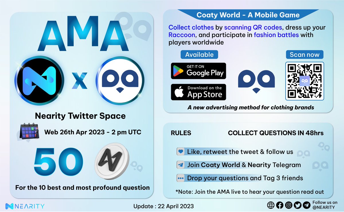 🚨COATY WORLD x Nearity #AMA🚨
💰50 $NEAR for 10 best questions

🛑48hrs &amp; Rules:
1⃣👍, RT &amp; FL <a href="/Nearity_org/">Nearity 🅝 | Create Without Limits</a> and <a href="/CoatyWorld/">Coaty World - Fashion Battle 🔥</a> 
 2⃣Join
✅Coaty World: t.me/CoatyWorld
✅Nearity: t.me/nearity
3⃣Drop your questions &amp; tag 3 friends

#NEAR #Nearity