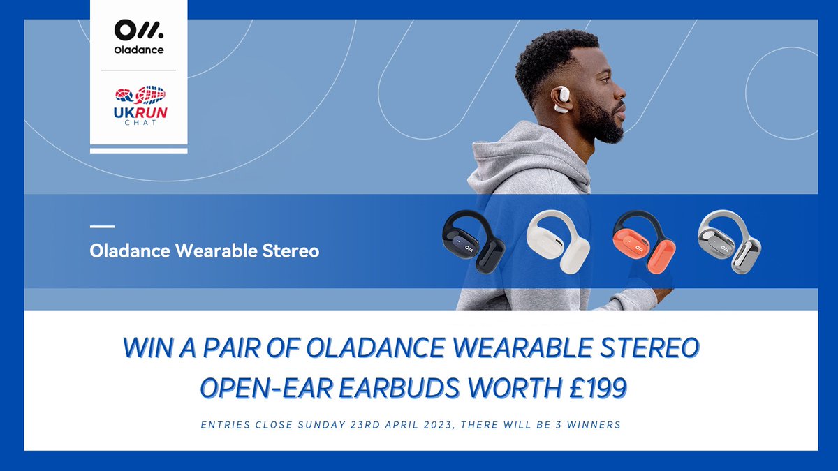 UKRunChat's tweet photo. RT this &amp; follow @Oladance_aben to be in the Sunday 23rd April 9pm prize draw for your chance to win a pair of Oladance Wearable Stereo open-air earbuds worth £199.99 in the colour of your choice.

We'll choose 3 winners in total across our 3 social platforms. 

#ad #ukrunchat https://t.co/ZrpXsvWh2S