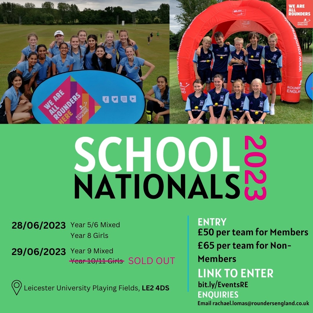Calling all school rounders teams📣 Do you want to be in for a chance to become the Rounders England 2023 School National Rounders Champions? Spaces are selling out fast, with the Year 10/11 Girls category already sold out. Enter today at bit.ly/EventsRE #rounders
